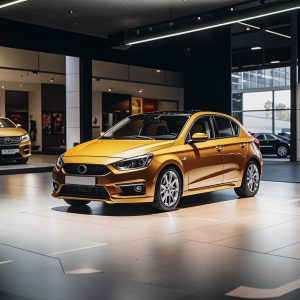 Sleek compact car displayed in bright showroom