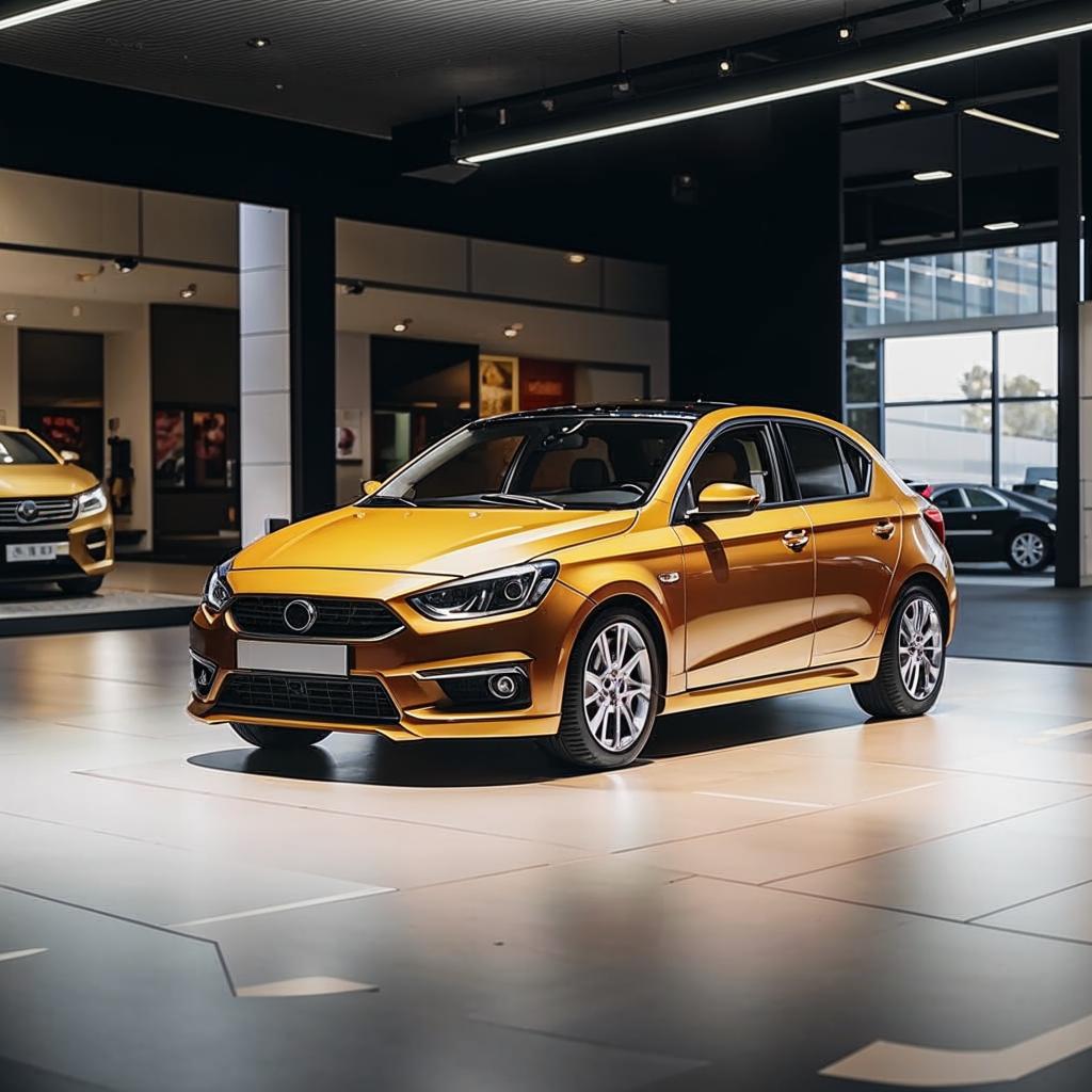 Sleek compact car displayed in bright showroom